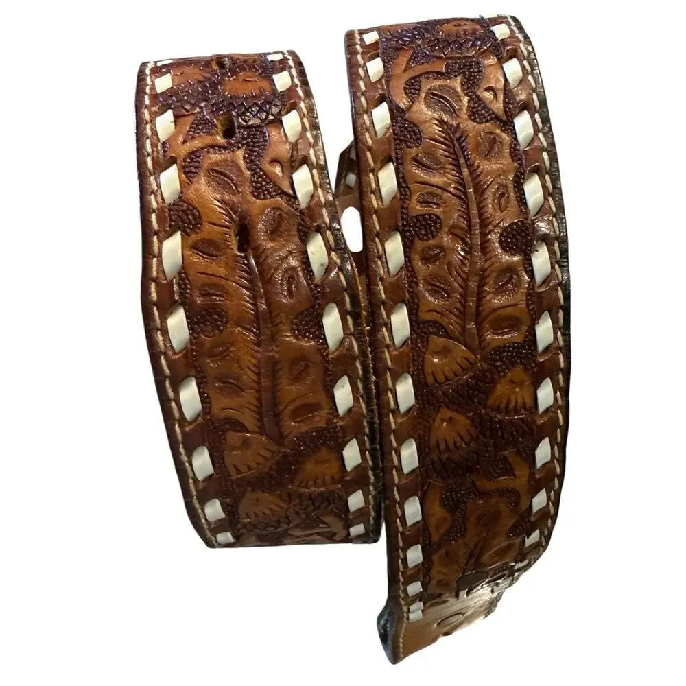 Vintage Hand-Tooled Brown Leather Belt with Kevin Size 30 (Belt Only no Buckle)